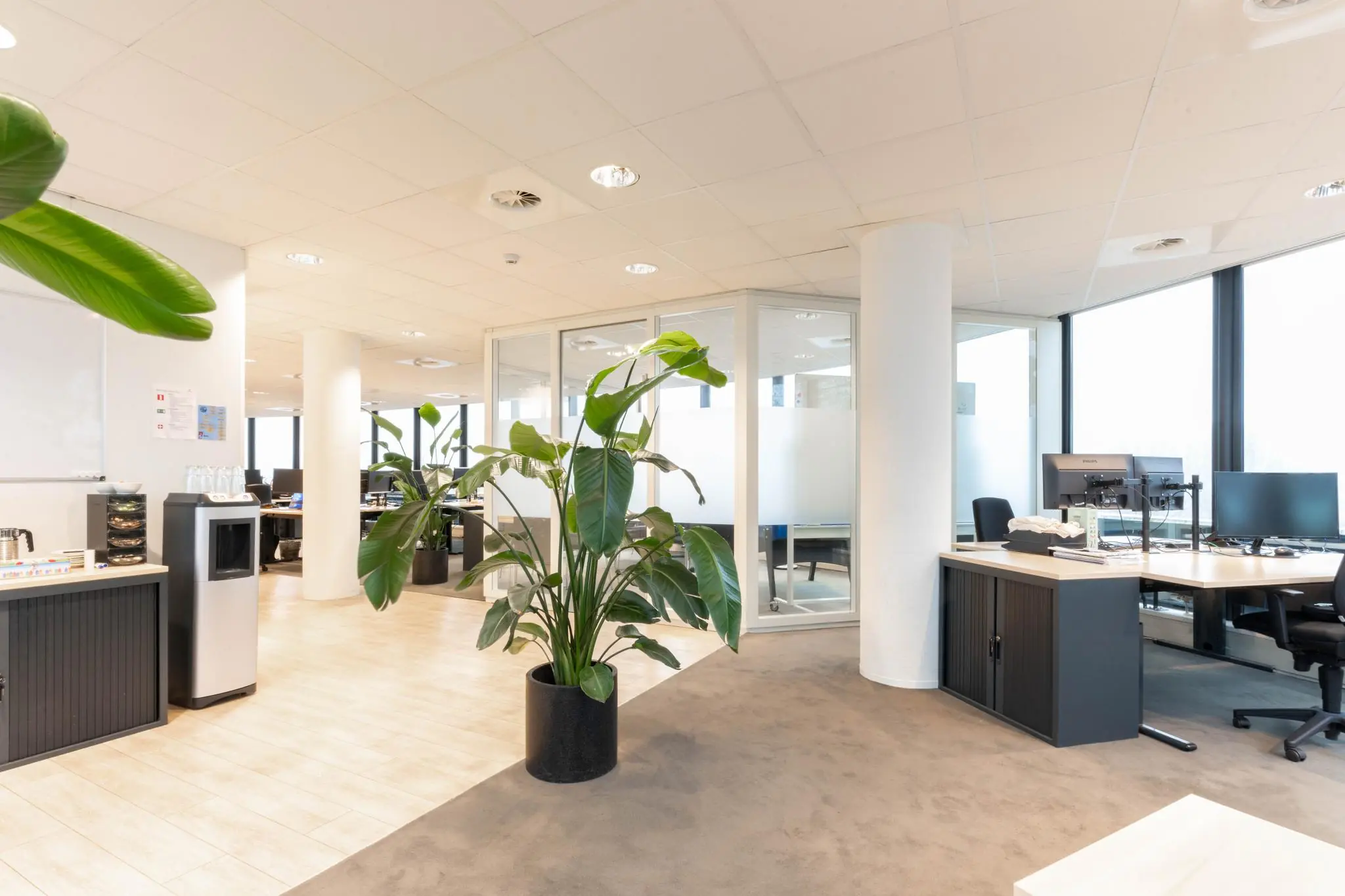 Modern kantoorinterieur aan de 1e Hogeweg met bureaus, planten en glazen wanden.